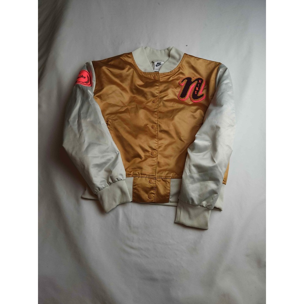 Nike Sportswear Varsity Bomber Jacket Gold Cream Satin Chenille Patch Girls L